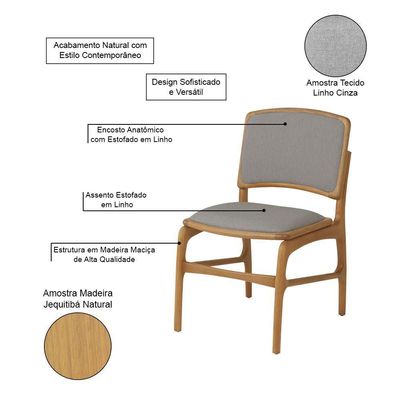 Jogo 6 Cadeiras De Jantar Florença Jequitibá Natural Encosto Em Tecido Premium Em Linho Cinza