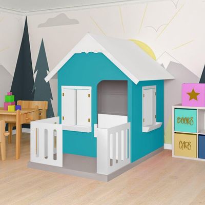 Casinha De Brinquedo Com Cercado E Cobertura Mdf Azul Turquesa/branco - Criança Feliz