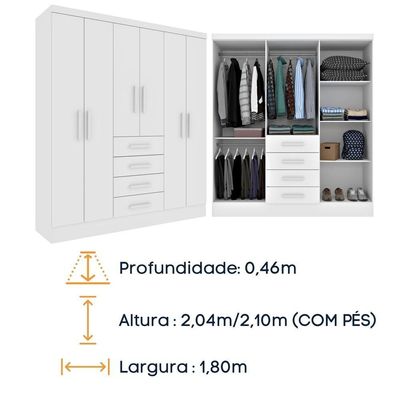 Guarda Roupa Casal 6 Portas 4 Gavetas Arizona S/ Espeho S/ Pés - Tcil Neve
