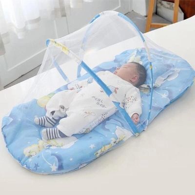 Berço Mosquiteiro Portátil Azul Com Colchão E Travesseiro Proteção E Conforto Para O Bebê