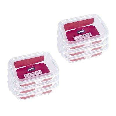 Kit 6 Potes Hermético Marmita De Vidro Retangular 640ml Mor
