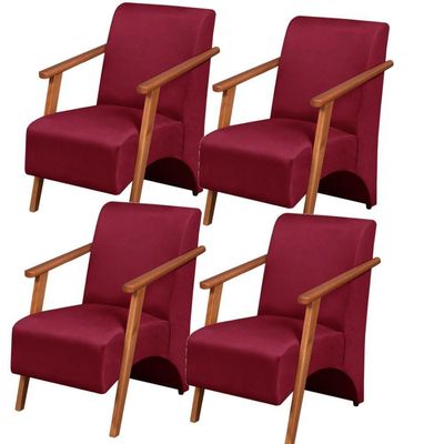 Kit 4 Poltronas Venus 1 Lugar Braço Madeira Maciça Tecido Suede Unidecor Bordô