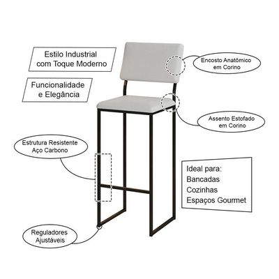 Kit 4 Banquetas Com Encosto Industrial E Moderna Nina Preto E Corino Branco