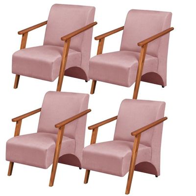 Kit 4 Poltronas Venus 1 Lugar Braço Madeira Maciça Tecido Suede Unidecor Rosa
