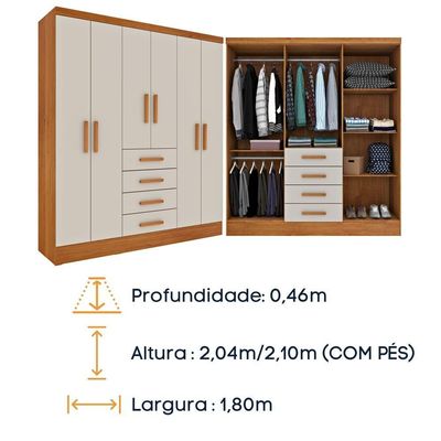 Guarda Roupa Casal 6 Portas 4 Gavetas Arizona S/ Espeho S/ Pés - Tcil Cinamomo/off White