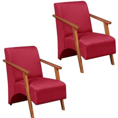 Kit 2 Poltrona Venus 1 Lugar Braço Madeira Maciça Tecido Suede Unidecor Vermelho