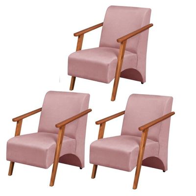 Kit 3 Poltronas Venus 1 Lugar Braço Madeira Maciça Tecido Suede Unidecor Rosa
