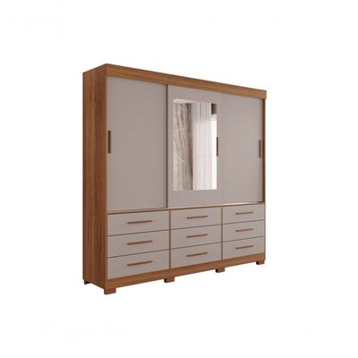 Guarda-roupa New Star 3 Portas 9 Gavetas Com Espelho Salleto Cinamomo/off White