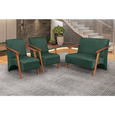 Conjunto Venus Braços Em Madeira Maciça 1 Namoradeira 2 Poltronas Suede Unidecor Verde