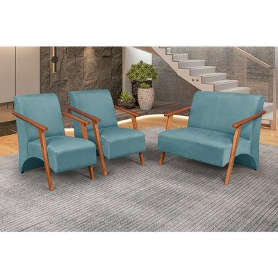 Conjunto Venus Braços Em Madeira Maciça 1 Namoradeira 2 Poltronas Suede Unidecor Acqua