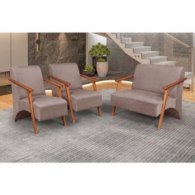 Conjunto Venus Braços Em Madeira Maciça 1 Namoradeira 2 Poltronas Suede Unidecor Cappuccino