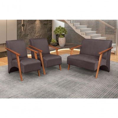 Conjunto Venus Braços Em Madeira Maciça 1 Namoradeira 2 Poltronas Suede Unidecor Marrom