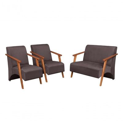 Conjunto Venus Braços Em Madeira Maciça 1 Namoradeira 2 Poltronas Suede Unidecor Marrom