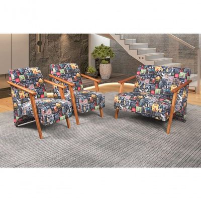 Conjunto Venus Braços Em Madeira Maciça 1 Namoradeira 2 Poltronas Estampada Unidecor Retro Bar 107