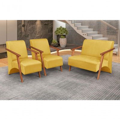 Conjunto Venus Braços Em Madeira Maciça 1 Namoradeira 2 Poltronas Suede Unidecor Amarelo