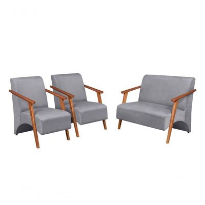 Conjunto Venus Braços Em Madeira Maciça 1 Namoradeira 2 Poltronas Suede Unidecor Grafite