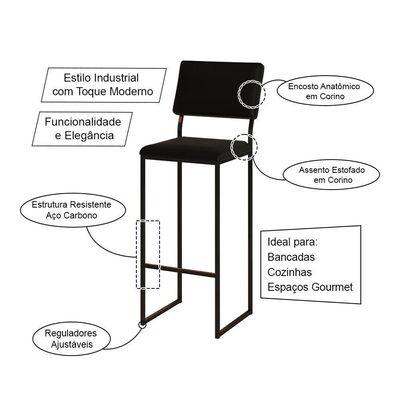 Banqueta Com Encosto Industrial E Moderna Nina Preto E Corino Preto