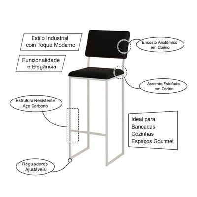 Banqueta Com Encosto Industrial E Moderna Nina Branco E Corino Preto