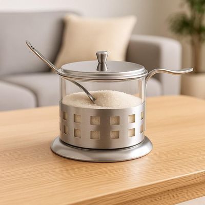 Açucareiro De Vidro E Inox Com Colher 200ml Elegância E Praticidade