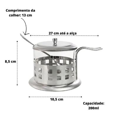 Açucareiro De Vidro E Inox Com Colher 200ml Elegância E Praticidade