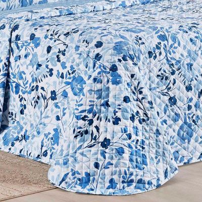 Kit Cobre Leito Colcha Belle Queen Estampado Dupla Face 400 Fios 3 Peças Florido Azul