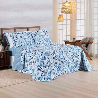 Kit Cobre Leito Colcha Belle Queen Estampado Dupla Face 400 Fios 3 Peças Florido Azul