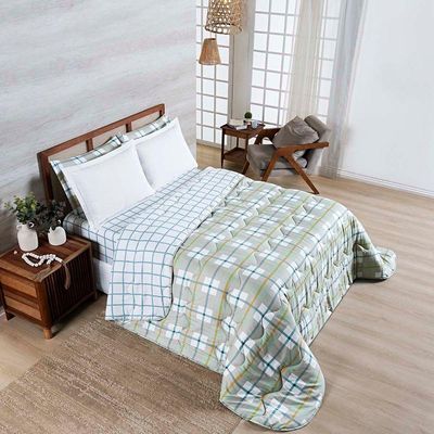 Edredom Cobertor Belle Queen 400 Fios Dupla Face Estampado Grid Xadrez Verde