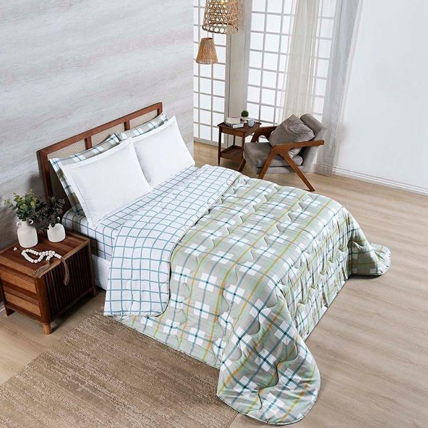 Edredom Cobertor Belle Queen 400 Fios Dupla Face Estampado Grid Xadrez Verde