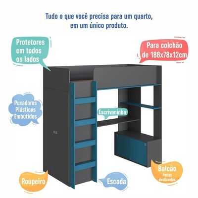 Cama Infantil Alta Office De Solteiro Com Armário, Escrivaninha, Cabideiro E Prateleira Grafite