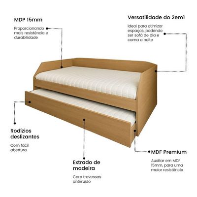 Bicama Solteiro Reforçada Com Cama Auxiliar Em Mdf Alto Padrão Duo Amendoa