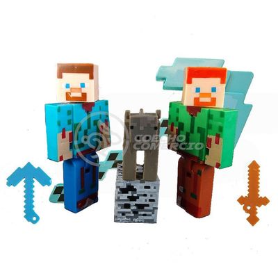 Kit Cartelado Conjunto Minecraft 2 Bonecos + 1 Bloco + 1