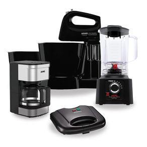 Kit-Liquidificador-LN60-com-Cafeteira-18-Xicaras-CFPF-Sanduicheira-Grill-SACB-e-Batedeira-SX16-Arno-Preto-127V