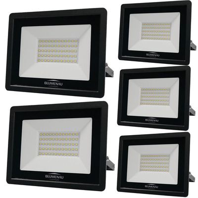 Kit 5 Refletor De Led Slim 50w Prova Dágua Preto Bivolt 6500k Frio