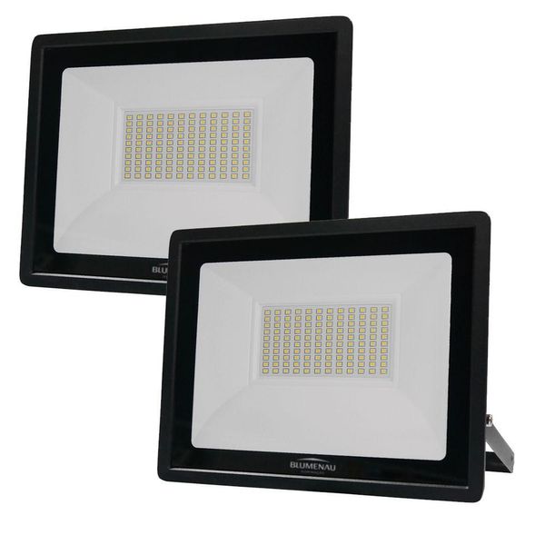 Kit 2 Refletor De Led Slim 100w Prova Dágua Preto Bivolt 3000k Quente