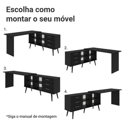 Mesa De Estudos Em L 3 Gavetas Preto Lisboa Madesa