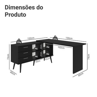Mesa De Estudos Em L 3 Gavetas Preto Lisboa Madesa