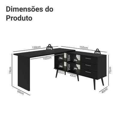 Mesa Para Computador Gamer Em L 3 Gavetas Preto Lisboa Madesa Preto