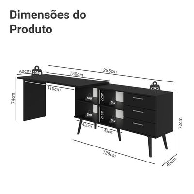 Mesa Para Computador Gamer Em L 3 Gavetas Preto Lisboa Madesa Preto