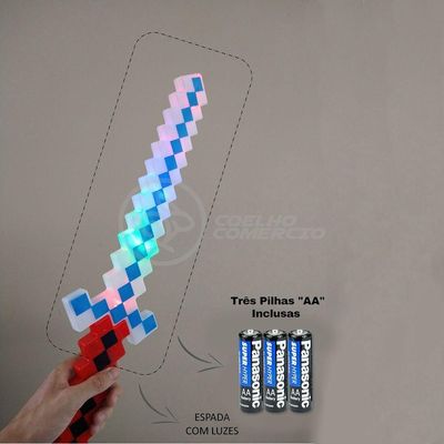 Kit Brinquedo Espada Pixel Minecraft 58cm C/Som Luz+3 Pilhas