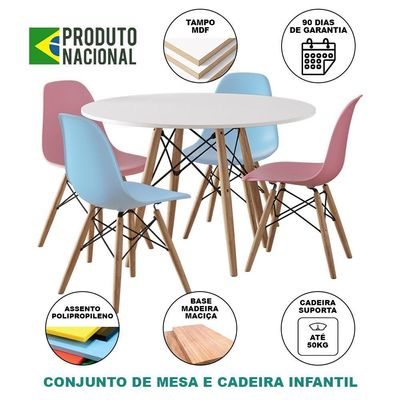 Conjunto De Mesa Madeira Infantil Redondo Branco 2 Cadeiras Azul E 2 Rosa