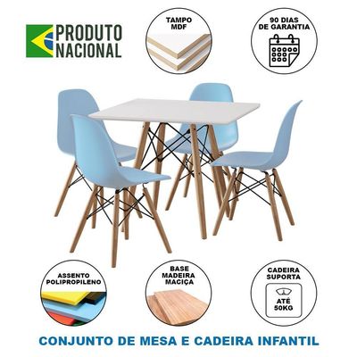 Conjunto De Mesa Madeira Infantil Quadrado Branco 4 Cadeiras Azul