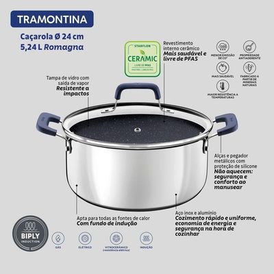 Caçarola Tramontina Romagna Em Aço Inox E Alumínio Cerâmico Black Stone 24 Cm 5,24 L Tramontina