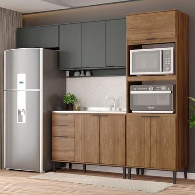 Armário De Cozinha Completa Miami Edge Carraro Freijó Com Cinza Titânio