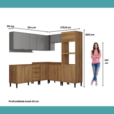 Armário De Cozinha Completa Miami Flow Carraro Freijó Com Cinza Titânio