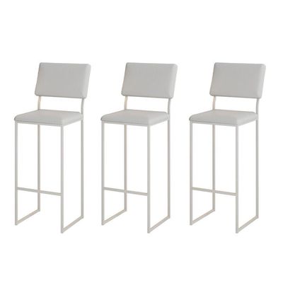 Kit 3 Banquetas Com Encosto Industrial E Moderna Nina Branco E Corino Branco