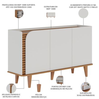 Aparador Buffet Para Sala de Jantar 3 Portas Elora C04 Off White Matte Freijó - Lyam Decor