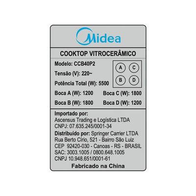 Cooktop 4 Bocas Elétrico Midea CCB40P2 220V