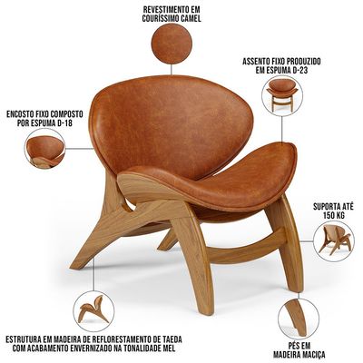 Kit 2 Poltronas Decorativa Orgânica Sala Living Kadosh L02 Couríssimo Camel - Lyam Decor