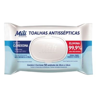 Lenço Umedecido ou Toalhas Antissépticas Mili  3 pacotes c/ 50 (total: 150 toalhas)