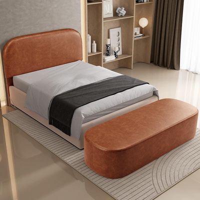Cabeceira Cama Box King 195cm Lanna com Puff Recamier Doha W01 Couríssimo Camel - Lyam Decor